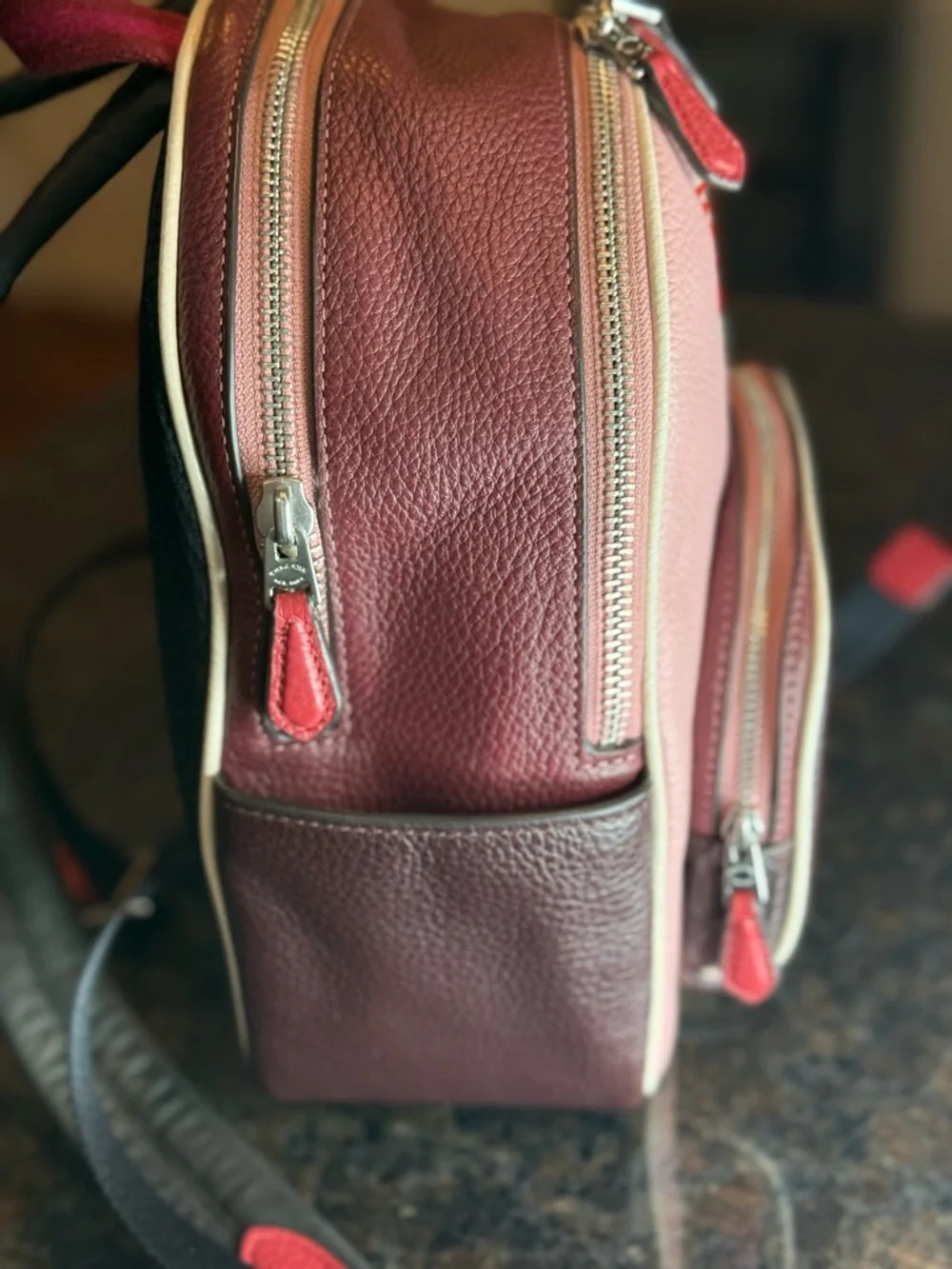 Coach Pink and Burgundy Colorblock Leather Mini Court Backpack Skiing